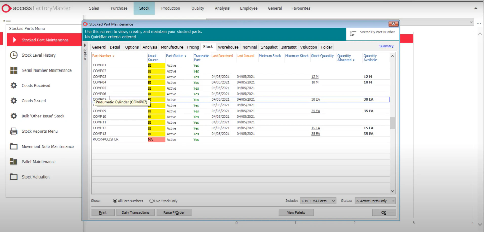 screenshot of Access FactoryMaster MRP